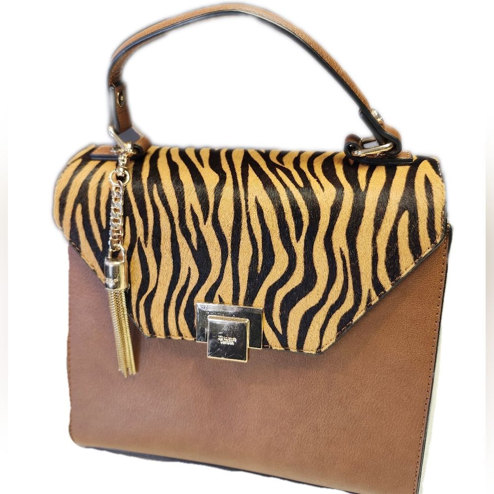 Dune London Genuine Leather & Calf Hair Handbag W Gold Accents, 9"x9"x4.5"